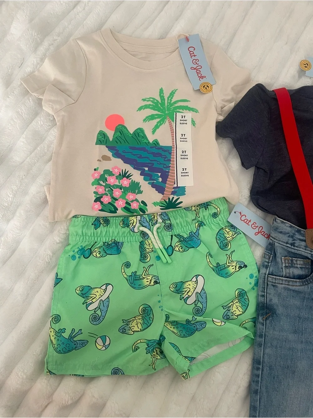 Toddler Short Sleeve Tee with Palm Tree Graphic - White, Green, Pink 4 piece